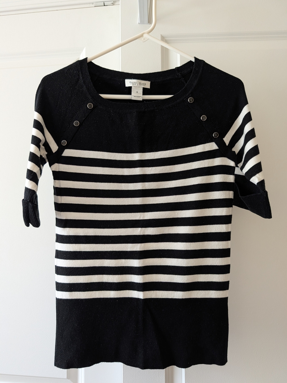 White House Black Market Black & White Striped Boatneck Button-Shoulder Sweater